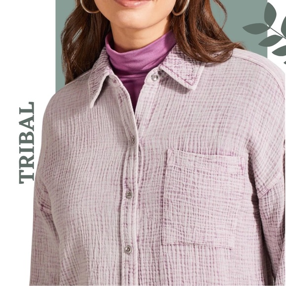 Tribal Casual Long Sleeve Button Down Collared Shirt Textured Waffle Grape XS - Picture 4 of 8